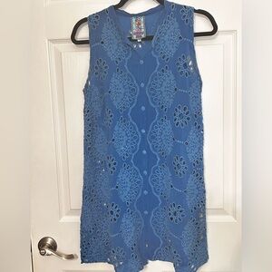 Johnny Was Blue Sleeveless Eyelet Button Down‎ Tunic XS